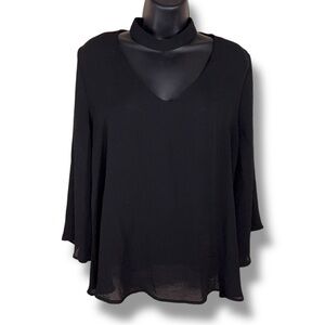 Large Ana Black Collar Style Blouse Flowy Chiffon 3/4 Sleeve Goth